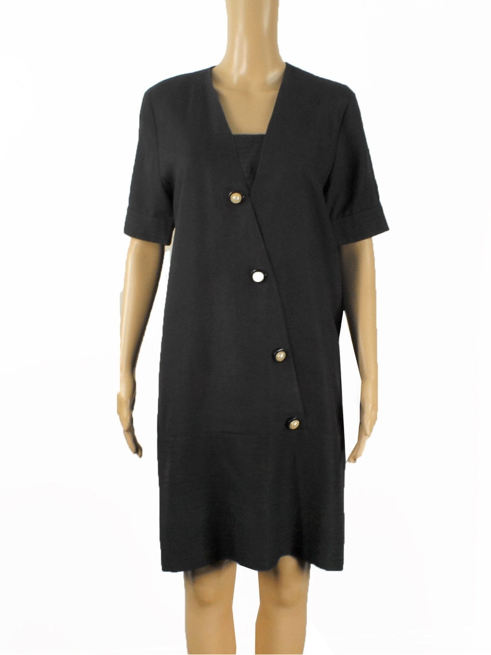 Vintage Celine Paris Pearl Button Black Linen Viscose Shift Midi Dress